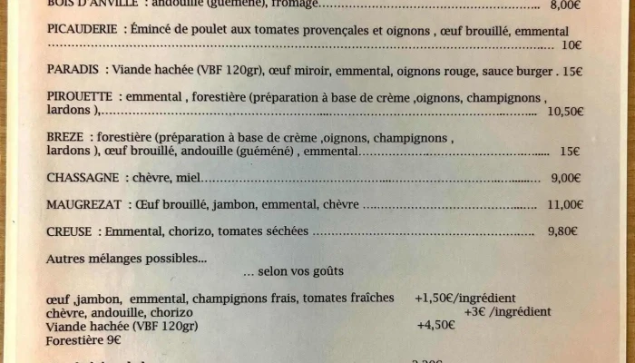 Le Petit Sabot -  Menu - Étaules